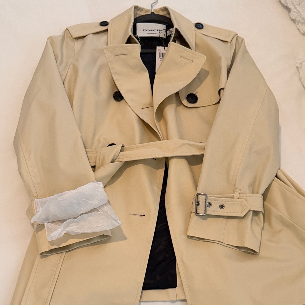 Coach Beige Trench Coat with Dark Button Accents